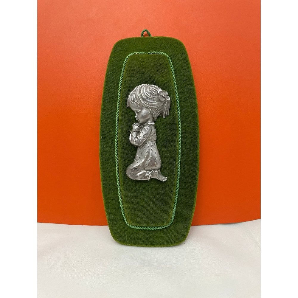 Vintage Praying girl, Pewter 3d praying girl on velvet frame, Made in Italy